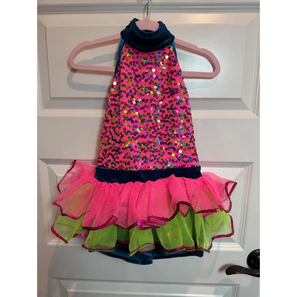 A Wish Come True Girls SC Best Time Ever Pink Sequin Teal Velvet Dance Costume